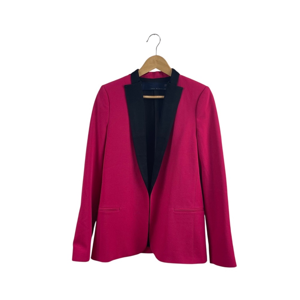 Zara Woman Studio Pink Blue Satin Lapel Women’s 100% Wool Blazer Jacket Sz XS - Picture 3 of 11